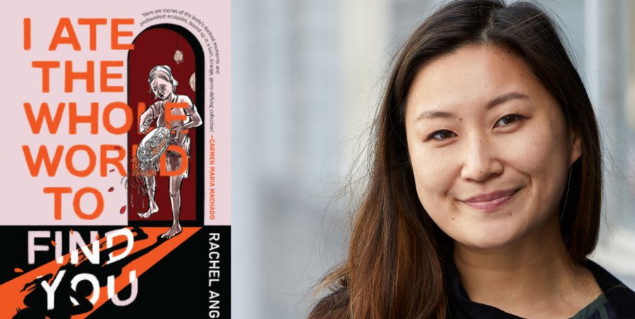A headshot of Rachel Ang next to the cover of her book, 'I Ate the Whole World to Find You'.
