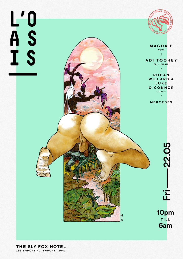 The "low hanging testicles" on the L'Oasis party poster. Art by Arben Dzika