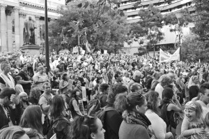 Crowds gather outside the State Library