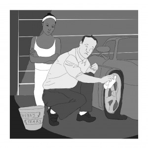 Cartoon of man washing car with "Hubby Tears" bucket