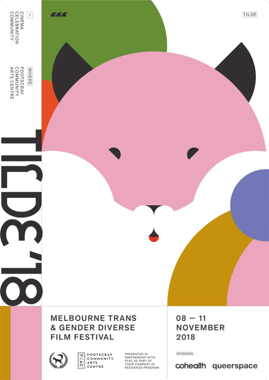 A poster for tilde Film Festival featuring a pink fox and words that provide the dates, location and sponsors