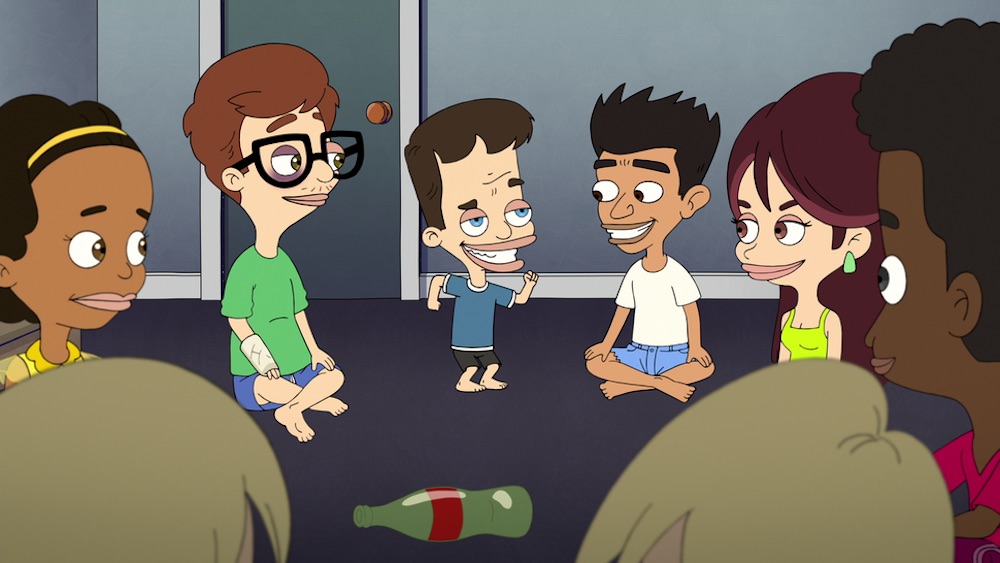 Six animated children playing a game involving a bottle