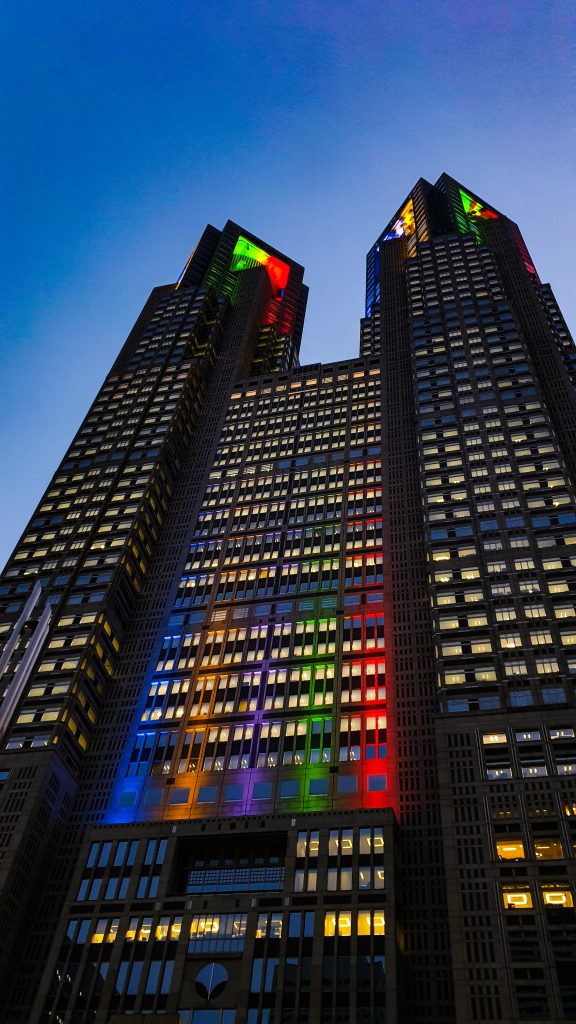 Building with rainbow lights