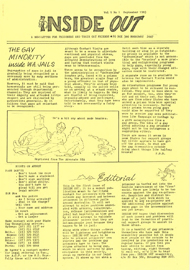 The front page of the first Inside Out from 1983. It is subtitled "a newsletter for prisoners and their gay friends". It features two articles, an editorial and an article titled "the gay minority inside W.A. jails. It also features of a comic of three nude people, one with their head in a paper bag, with a caption that says "he's a bit shy about nude beaches".