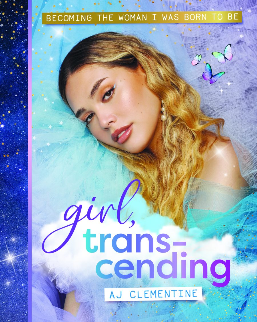 The cover image of a book. On the book there is a woman with makeup and long wavy hair. She is wearing a tulle dress. The title says, "Girl, Transcending by AJ Clementine".