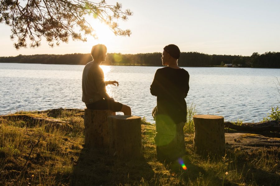 Two silhouetted figures sit on separate tree stumps in front of a lake, bathed in fading sunlight. They are in conversation, facing away from the camera and towards the water.
