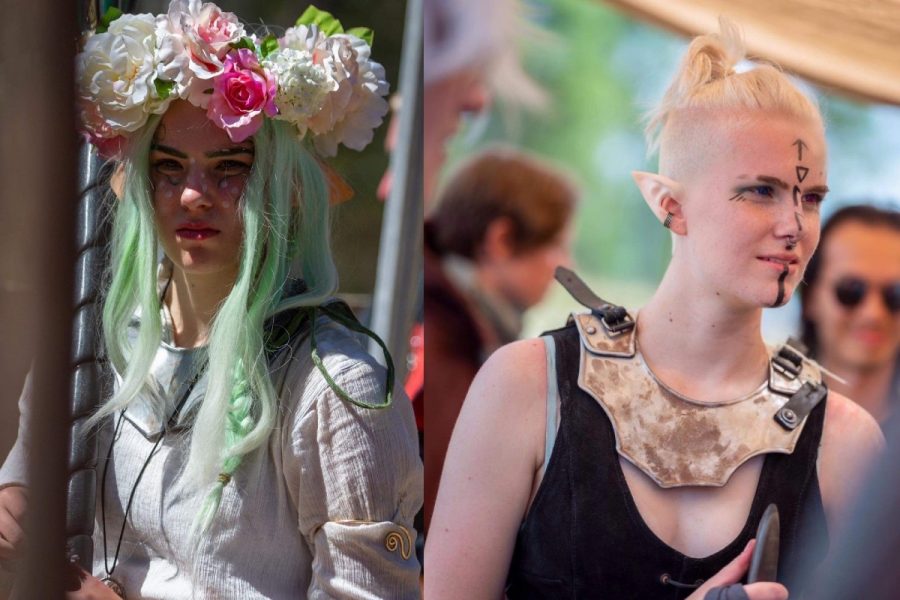 A composite image of two fantasy costume characters. On the left, the person has green hair, a flower crown and a white dress. On the right, they have bleach blonde short hair and paint on their face.