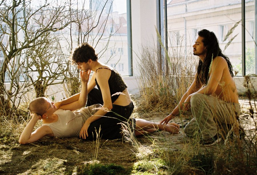 Two people embracing in dry grass with another person behind them.