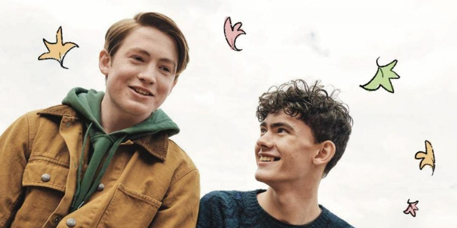 Two young boys smiling as illustrated leaves fall around them. This image is for an article about queer representation.