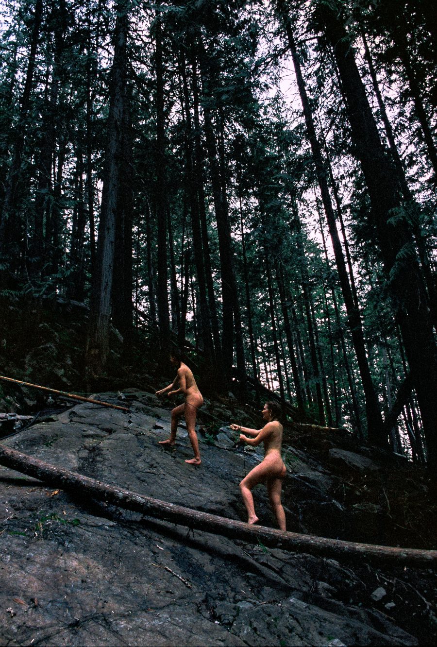 Two naked people exploring a forest.