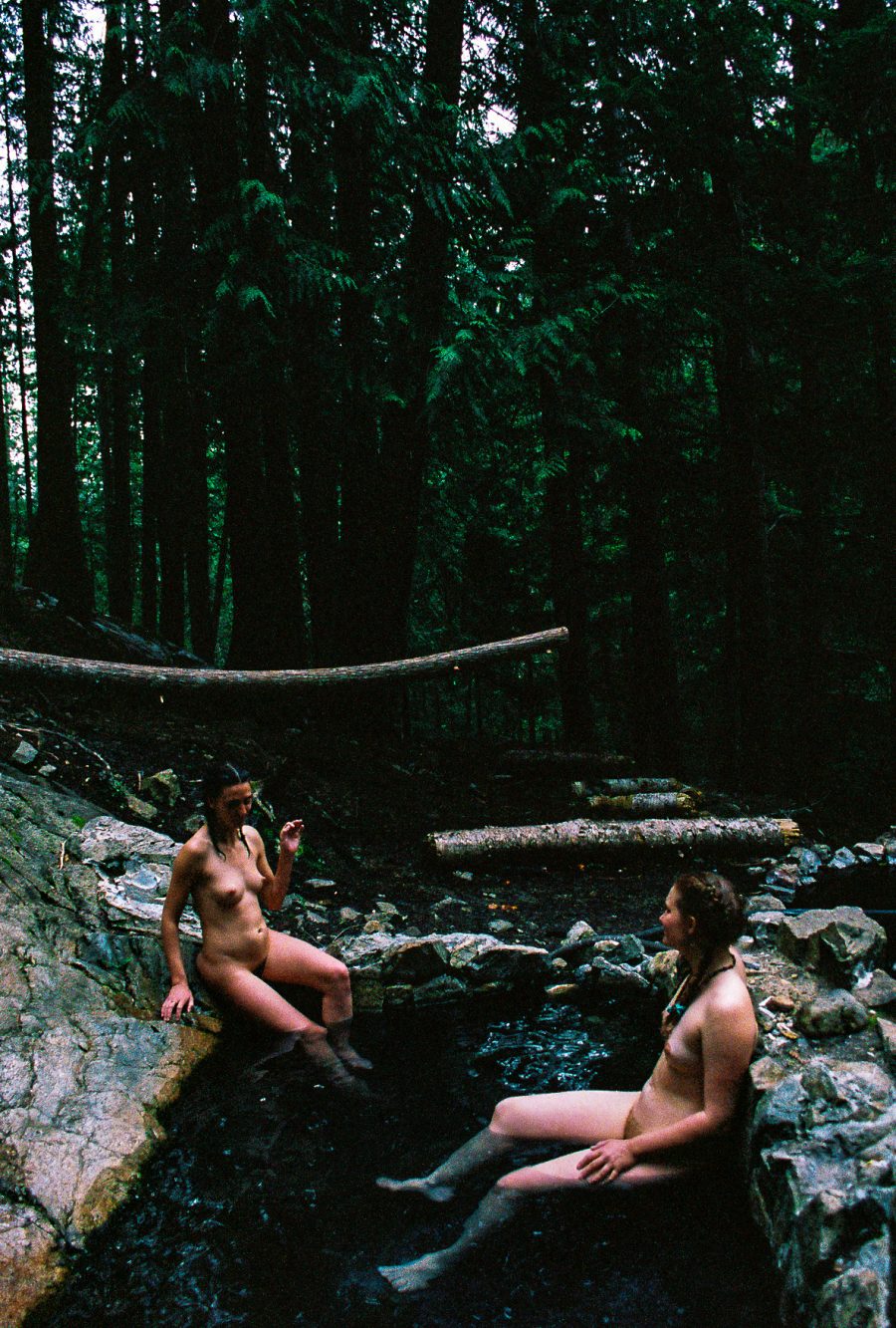 Two people hanging out in a hot spring in the middle of a forest.