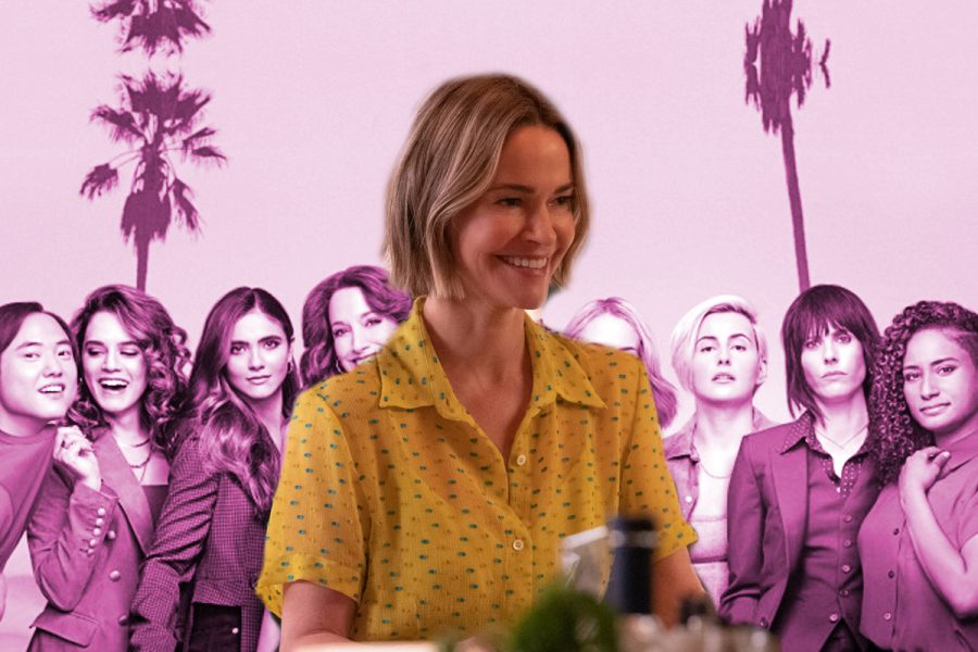 A pink background with palm trees, in front of which are the characters from The L Word Generation Q. On top is Alice from The L Word, wearing a yellow button up shirt and holding a coffee while smiling.