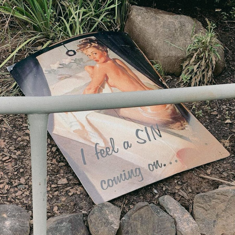 A sign with a model that says "I feel a SIN coming on..." discarded on the ground.
