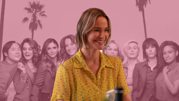 A pink background with palm trees, in front of which are the characters from The L Word Generation Q. On top is Alice from The L Word, wearing a yellow button up shirt and holding a coffee while smiling.