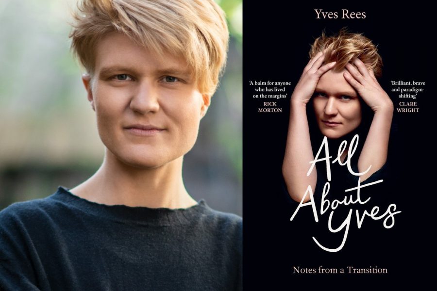 A picture of Yves Rees, a non-binary person with short blonde hair. They are wearing a black top and staring at the camera. Next to this image is a photo of their book cover: All About Yves, which features their face on a black background.