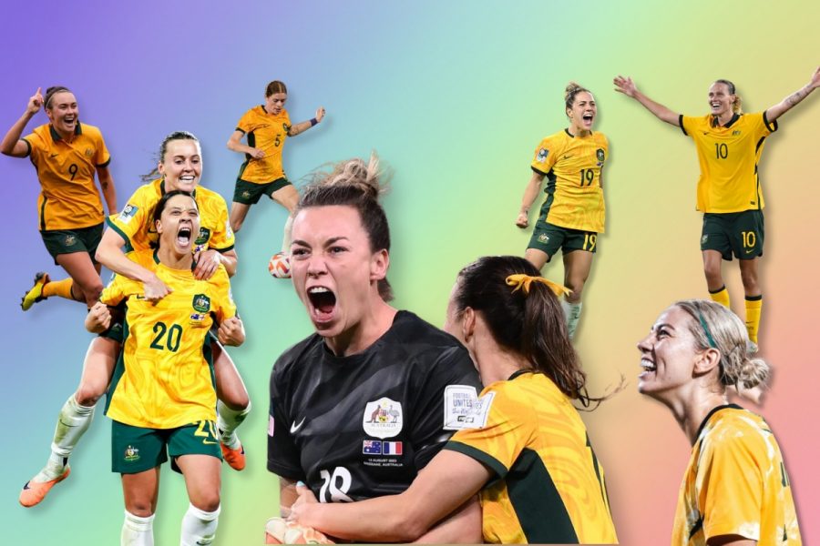 A rainbow background with players from The Matildas women's soccer team collaged on top.