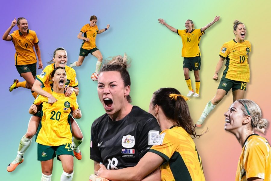A rainbow background with players from The Matildas women's soccer team collaged on top.