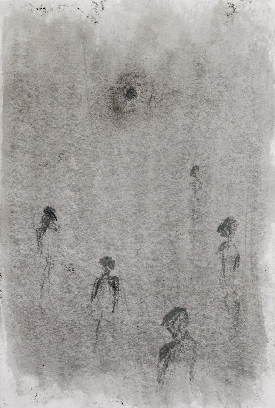 A charcoal drawing with abstract human figures.