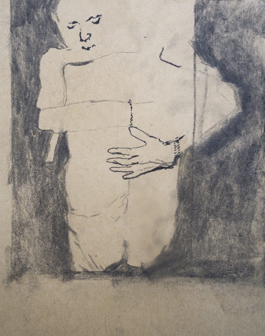 A charcoal drawing of two people hugging, representing community.