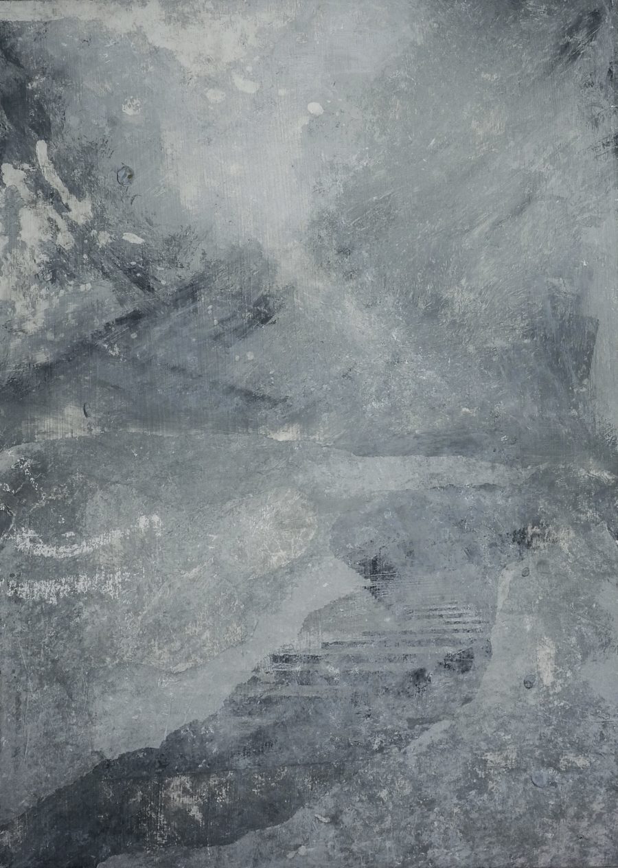 A painting that's textured like concrete, with different shades of grey.