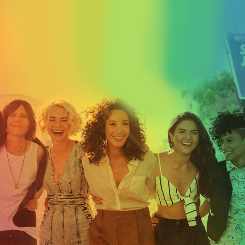 The cast of The L Word: Generation Q in rainbow lighting.