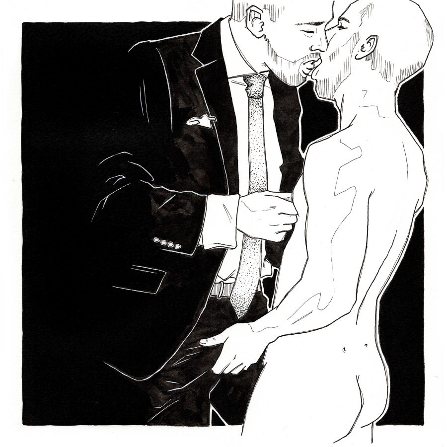 An illustration of a person in a suit kissing a naked person.