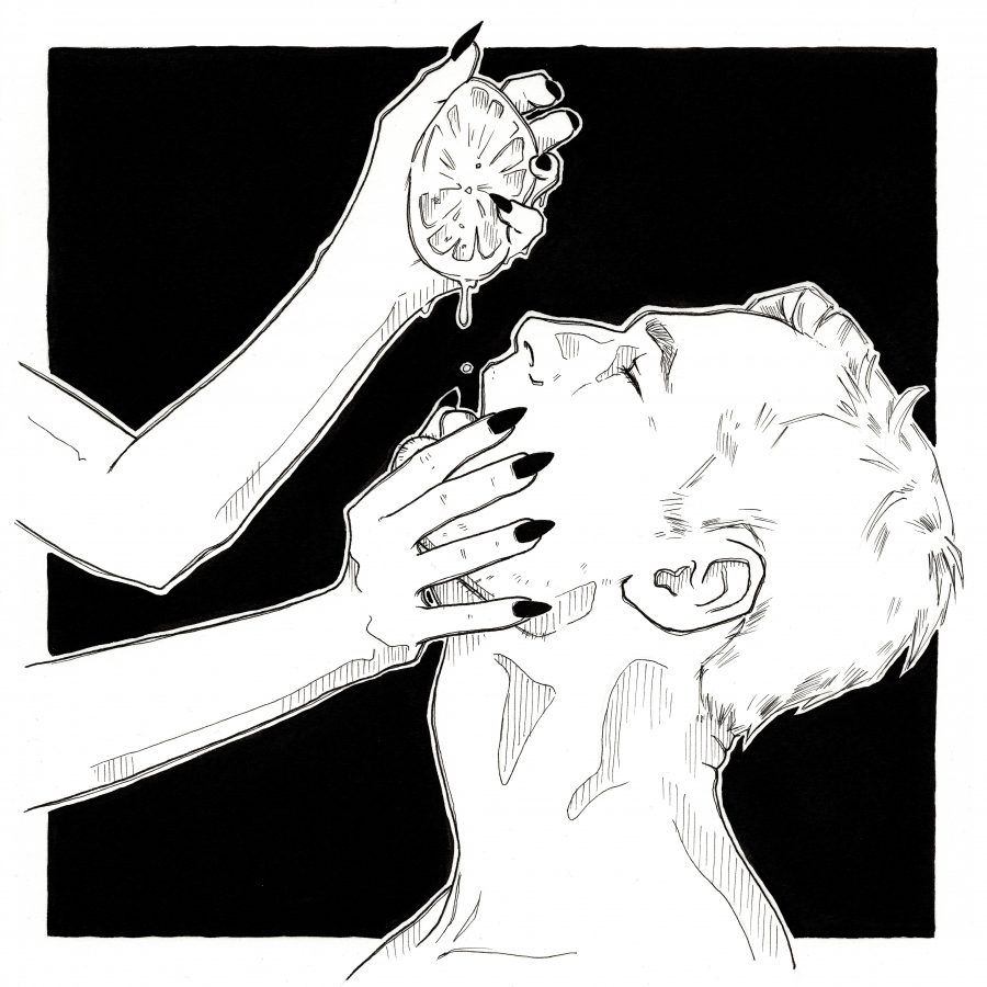 An illustration of a person with long fingernails squeezing a lemon on to another person's face.