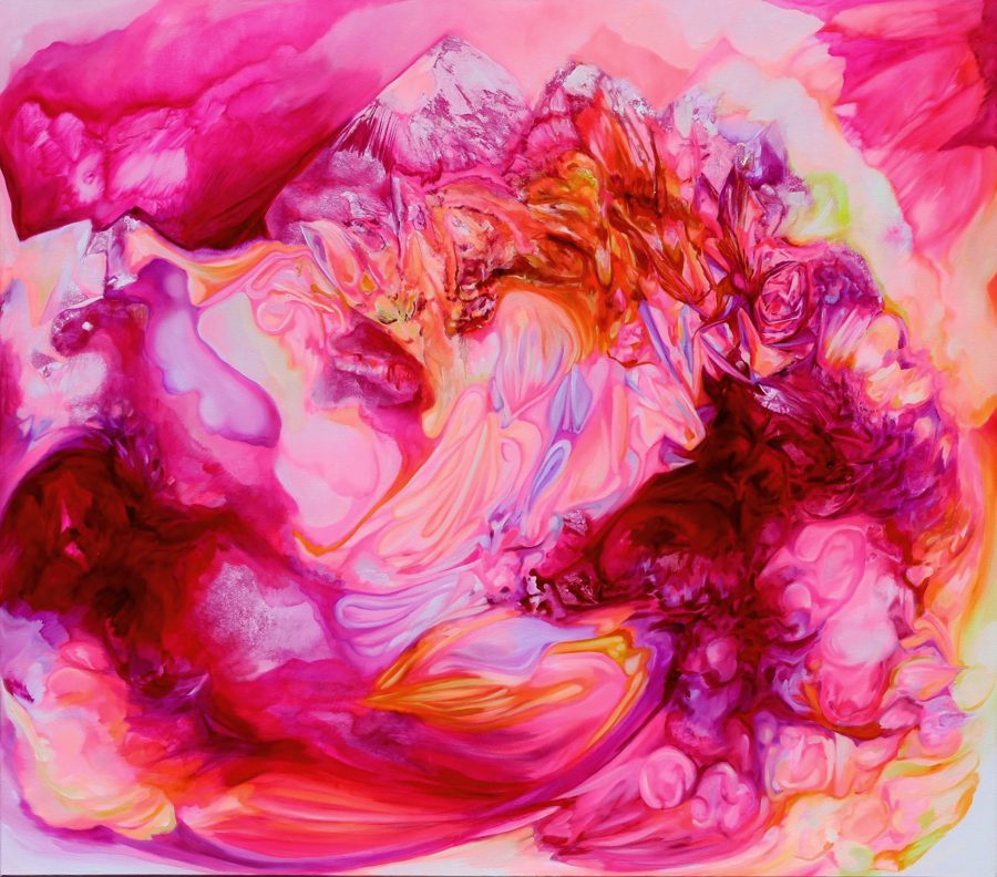 An abstract painting in brilliant pink and orange swirls to represent disability justice and community care.