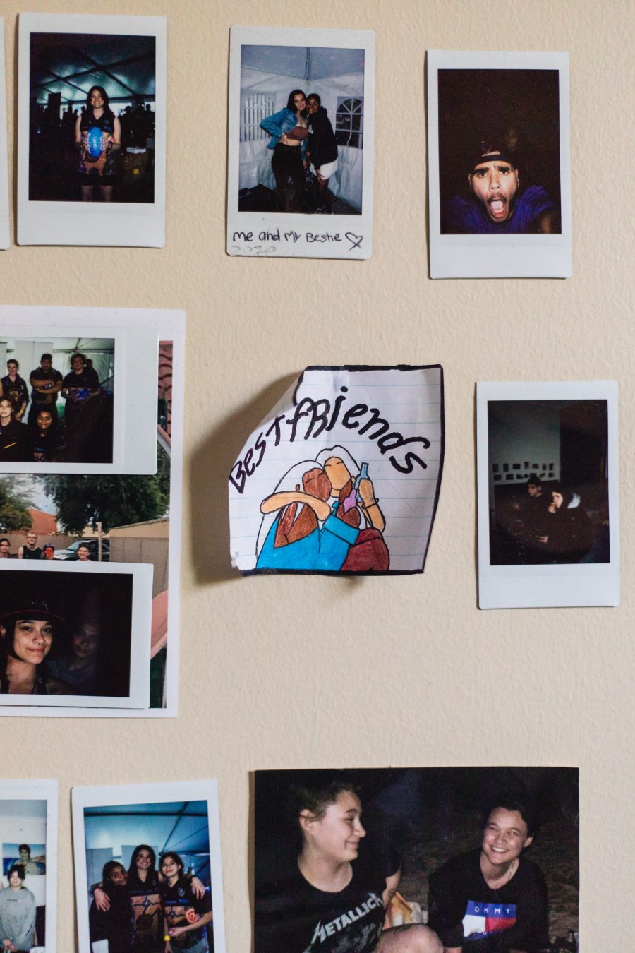 A wall of photos, featuring Jax's best friends.