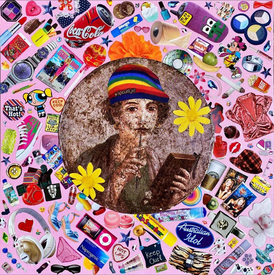 A collage with a circular medallion of Sappho in the middle. She is holding a pen and notebook, and has a rainbow beanie on her head and yellow flowers around her. Outside of the medallion, Sappho is surrounded by objects from the early 2000s, like makeup, snacks, tech, stickers, accessories, emoticons, and more. These objects are on a pink background.
