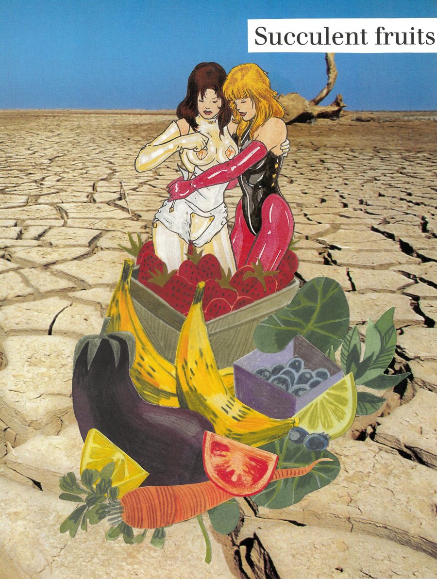A collage of two people in fetish wear embracing each other in an oasis of fruits. The landscape is an otherwise eroded desert.