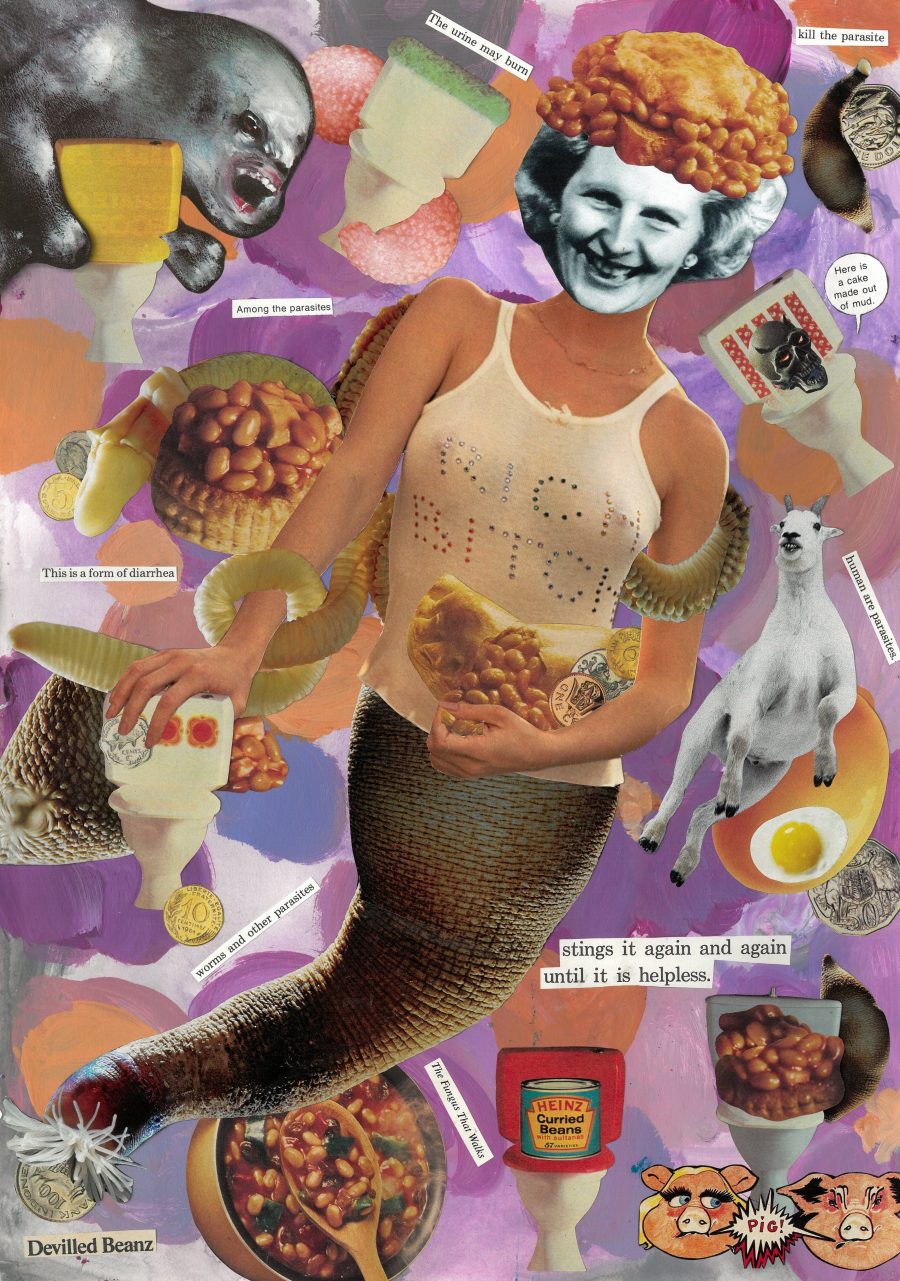 A collage featuring Margaret Thatcher’s face on a peanut worm’s body in a bejewelled tank top that says “rich bitch”. There are baked beans on her head and she’s surrounded by toilets, beans, coins, tapeworms and other parasites, and text relating to parasites. There’s also a goat on a giant baked bean.