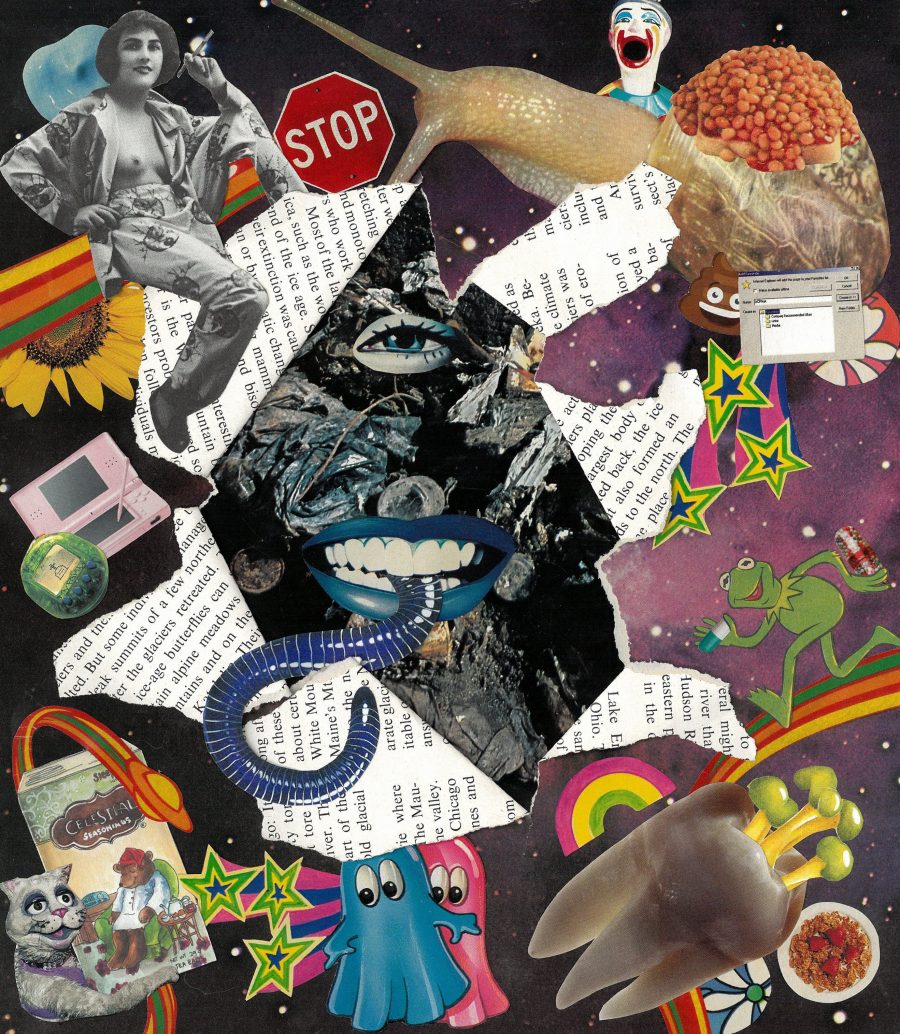 A hand cut and torn collage featuring motifs from Alex Creece's new book, including teeth, snails, clowns, tech, muppets, beans and rainbows.In the middle, a one-eyed face is constructed on a pile of trash, with a worm slinking out of its mouth.