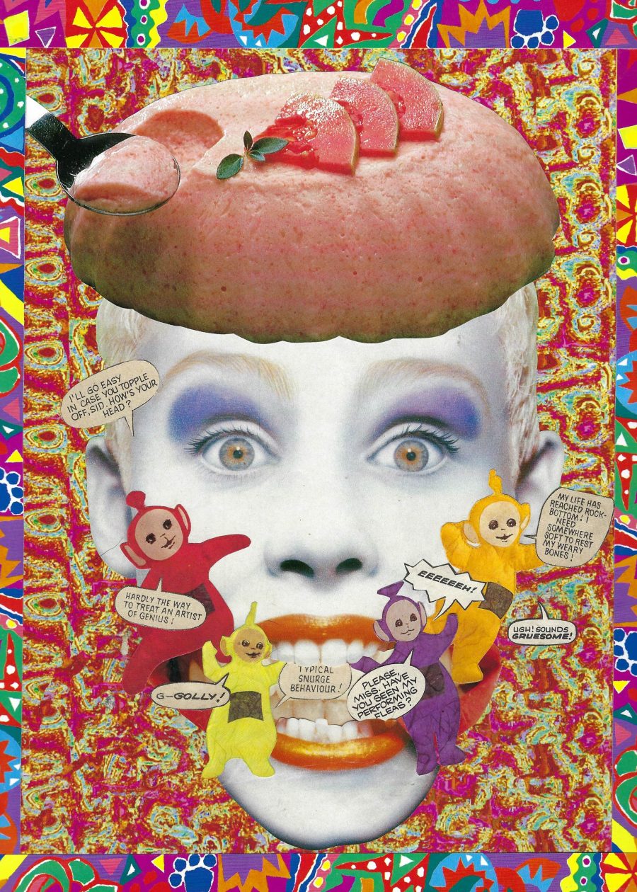 A collage with a screaming face with aspic on their head and teletubbies in their mouth.