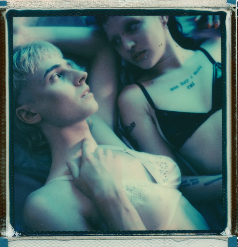 Two people in underwear looking at each other.