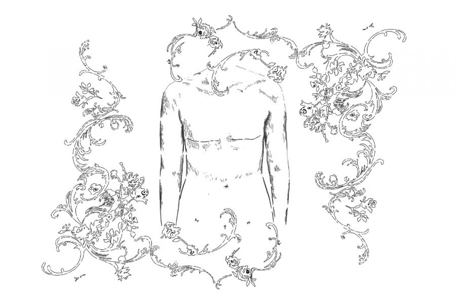 Line work representing the author's body.