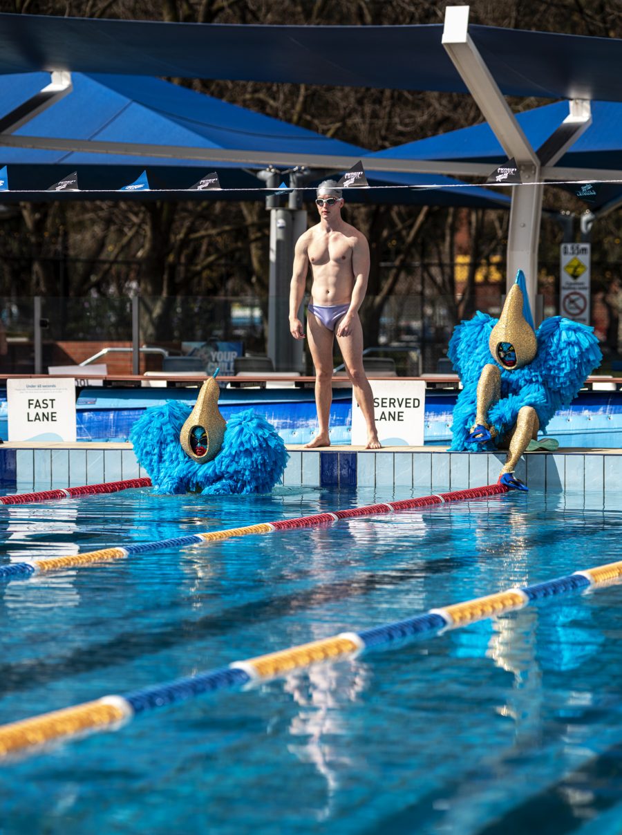 Will and Garrett swimming in fun, fluffy outfits.