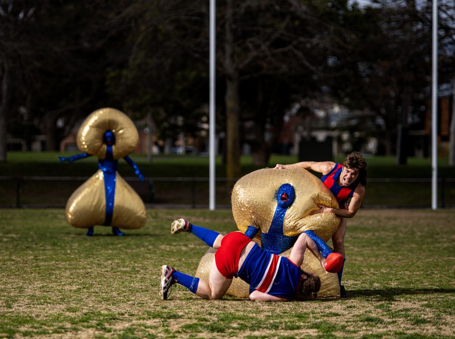 The Huxleys dressed as glittery buttplugs being tackled on a football field.