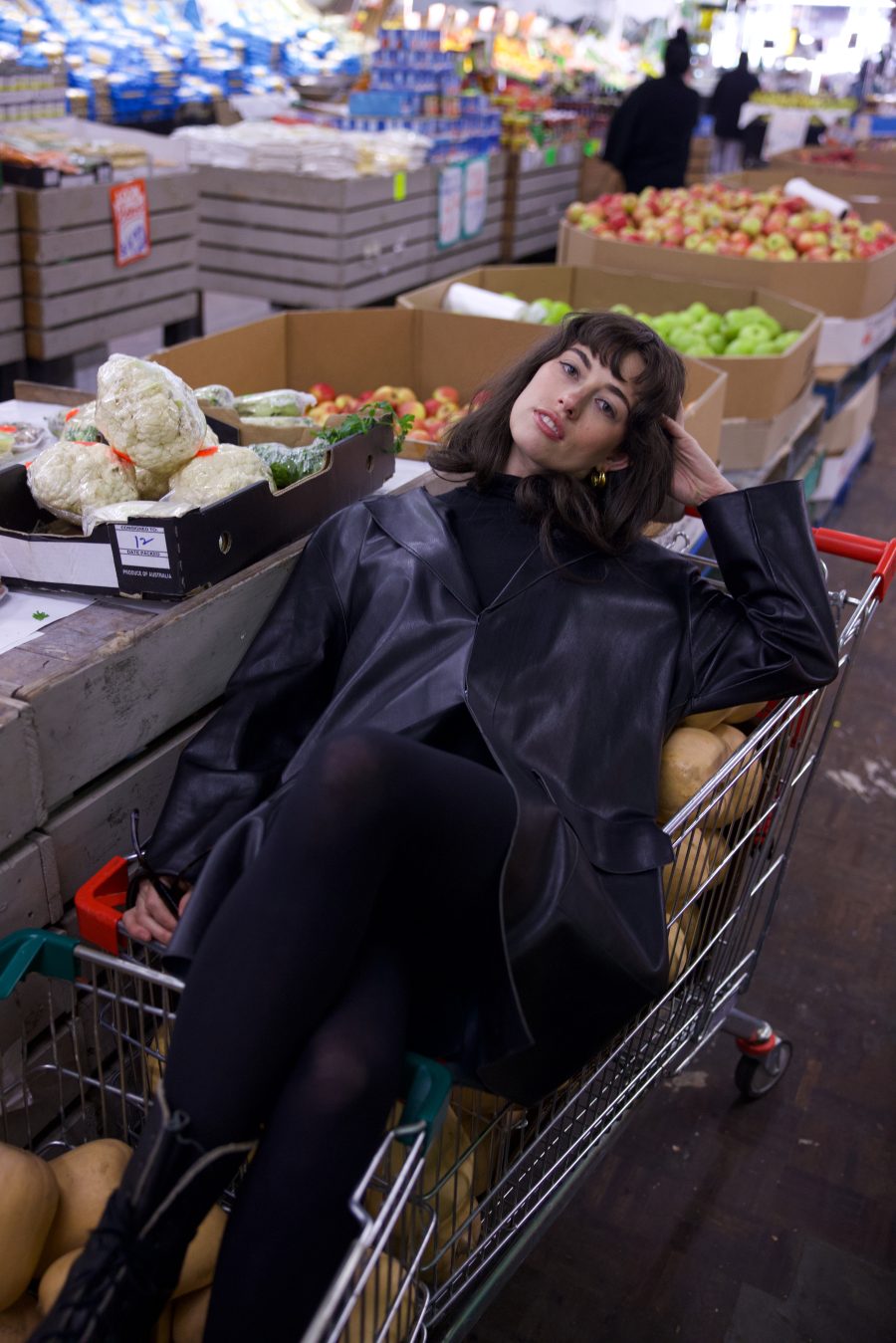 Magnets/Siobhan lying on a shopping trolly full of fresh produce.