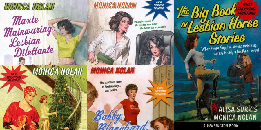 A collage of lesbian pulp novels by Monica Nolan.