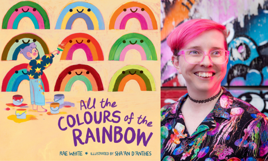 Rae White and the front cover of their children's book, 'All the Colours of the Rainbow'.