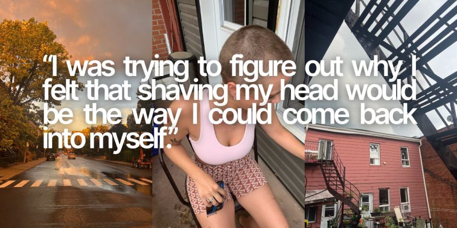 Image of the author with a freshly shaven head, with the quote: "I was trying to figure out why I felt that shaving my head would be the way I could come back to myself."