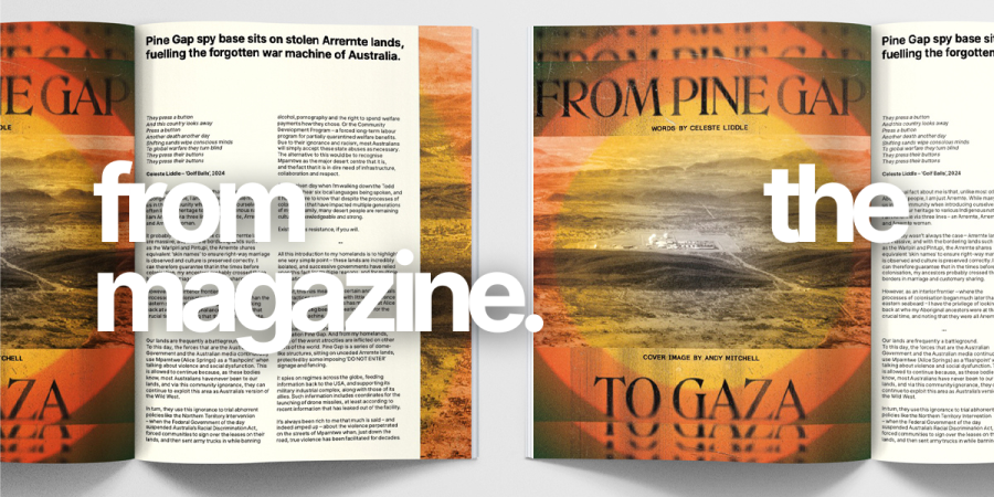 The print article, 'Pine Gap to Gaza', with the text "from the magazine."