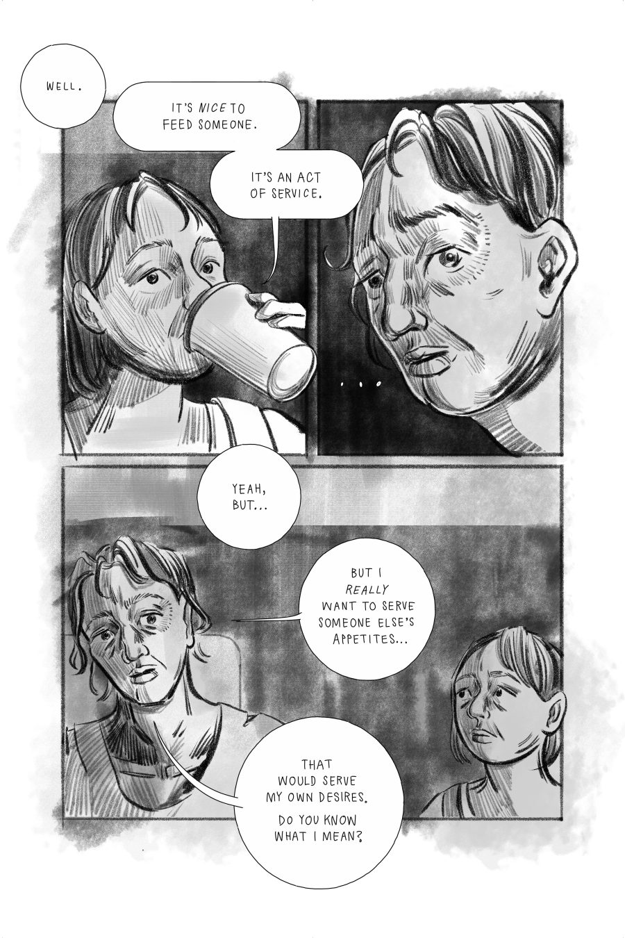 Comic panels showing a conversation between two characters, Jenny and Jack. Jenny: Well, it's nice to feed someone. It's an act of service. Jack: Yeah, but... But I really want to serve someone else's appetites... that would serve my own desires. Do you know what I mean?