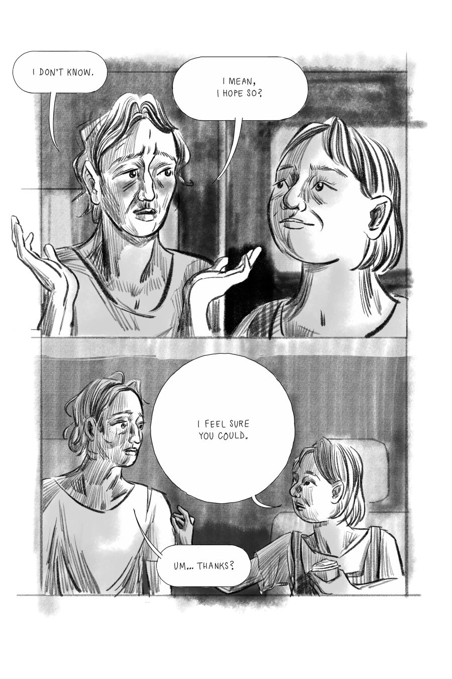 Comic panels showing a conversation between two characters, Jenny and Jack. Jack: I don't know. I mean, I hope so? Jenny: I feel sure you could. Jack: Um... thanks?