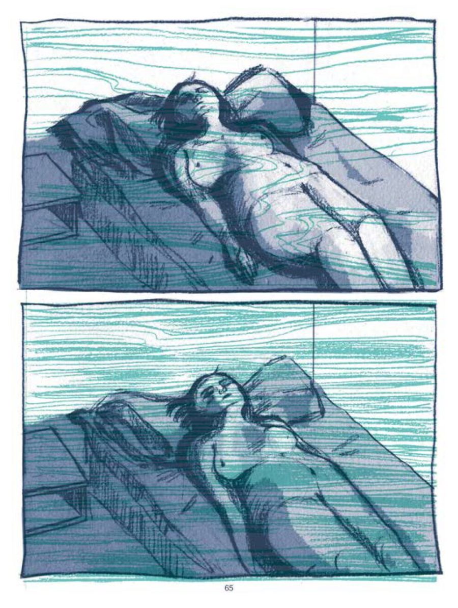 A person lying on a bed with water textures laid over them. Artwork by Rachel Ang in 2018.