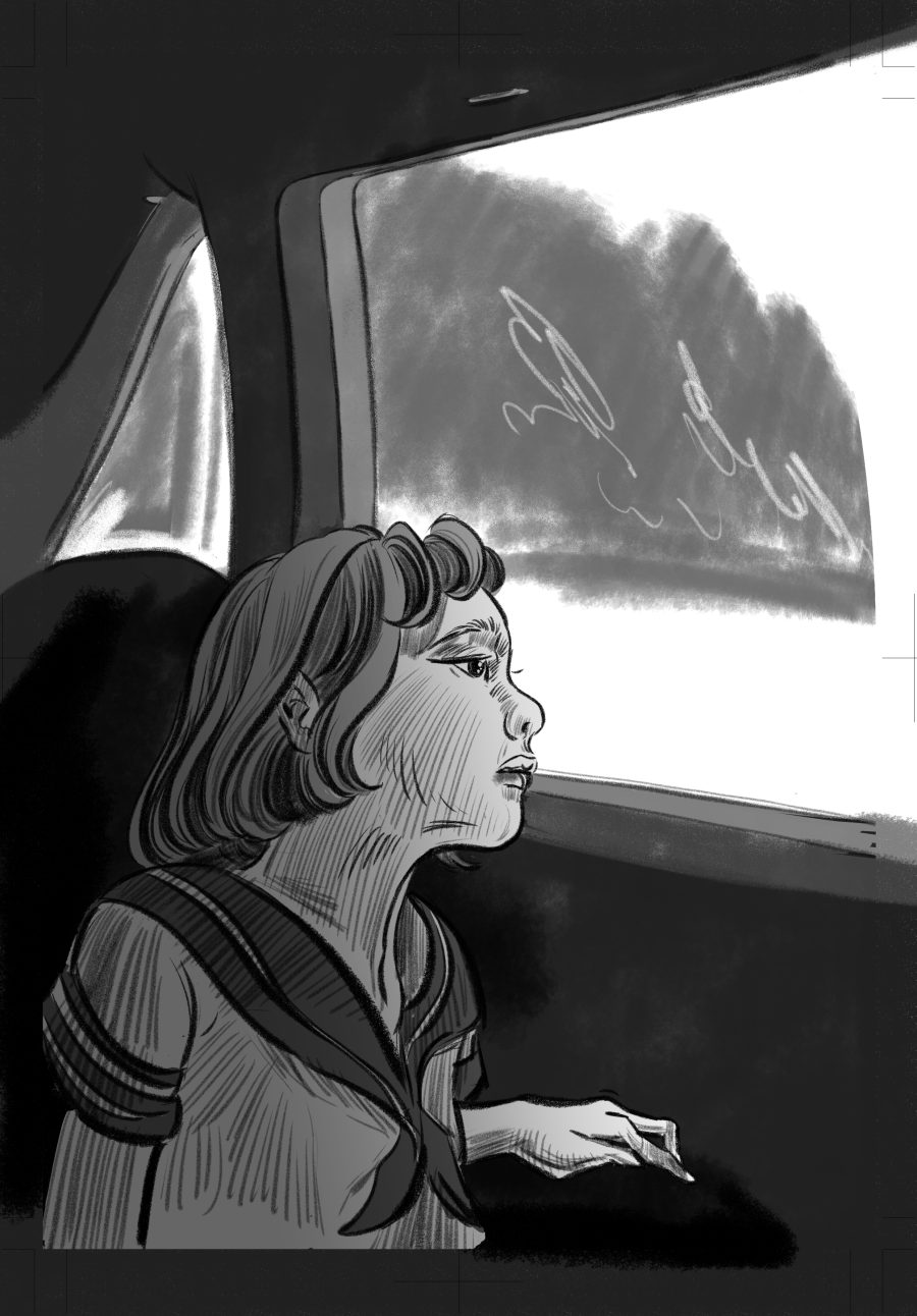 Jenny staring out a train window.