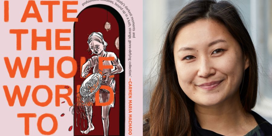 A headshot of Rachel Ang next to the cover of her book, 'I Ate the Whole World to Find You'.