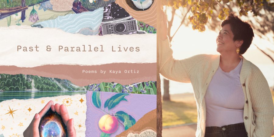 The cover of 'Past & Parallel Lives' next to a headshot of author Kaya Ortiz.