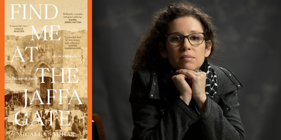 A headshot of Micaela Sahhar next to the book cover for 'ind Me at the Jaffa Gate'.